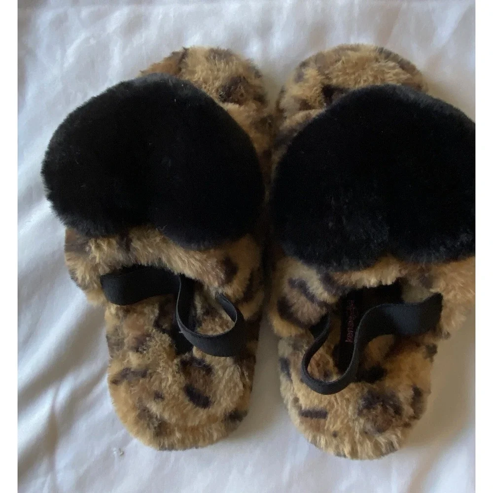 Kensie Girl Large L 2/3 Animal Print Slippers Heart Slingback Open Toe Faux Fur